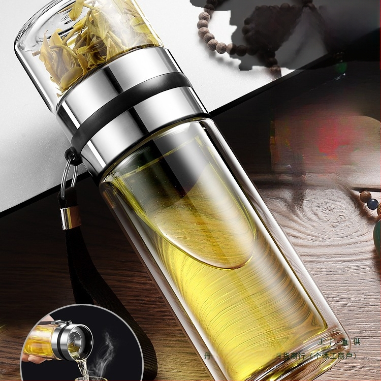 Čajna šalica s filtracijom vode i čaja, prijenosna, dvostruko borosilikatno staklo, cilindričnog oblika, uzorak ledenjaka