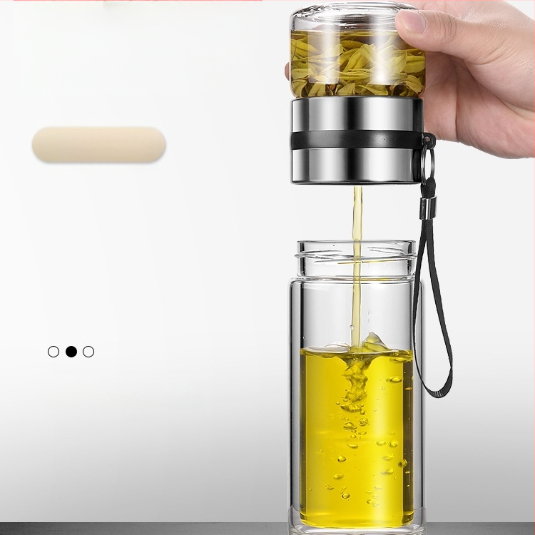 Čajna šalica s filtracijom vode i čaja, prijenosna, dvostruko borosilikatno staklo, cilindričnog oblika, uzorak ledenjaka