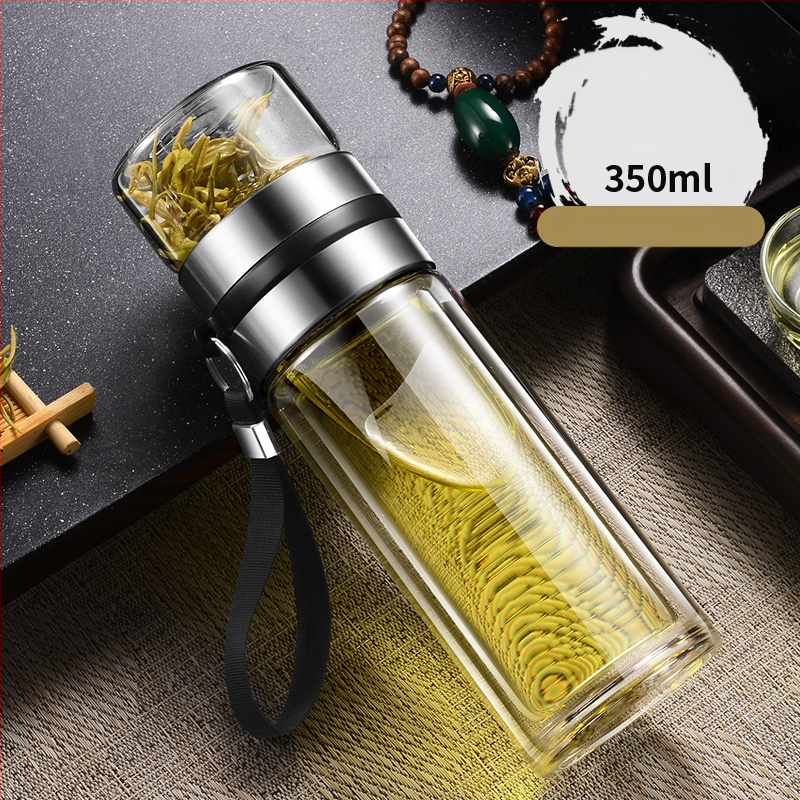 Čajna šalica s filtracijom vode i čaja, prijenosna, dvostruko borosilikatno staklo, cilindričnog oblika, uzorak ledenjaka