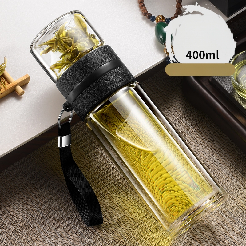 Čajna šalica s filtracijom vode i čaja, prijenosna, dvostruko borosilikatno staklo, cilindričnog oblika, uzorak ledenjaka