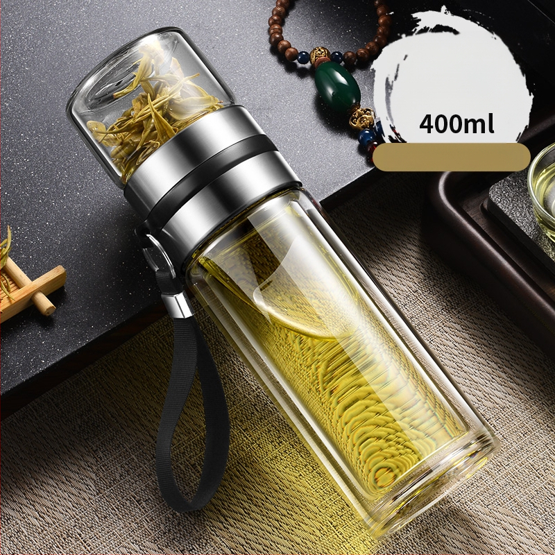 Čajna šalica s filtracijom vode i čaja, prijenosna, dvostruko borosilikatno staklo, cilindričnog oblika, uzorak ledenjaka