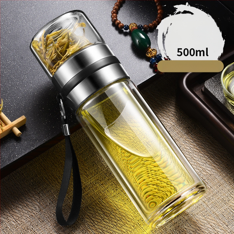 Čajna šalica s filtracijom vode i čaja, prijenosna, dvostruko borosilikatno staklo, cilindričnog oblika, uzorak ledenjaka