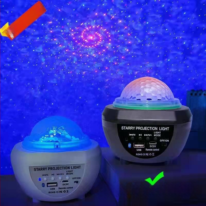 USB įkraunamas Bluetooth žvaigždžių dangaus projektorius miegamajam su nuotolinio valdymo ir garso funkcija, mėnulio projekcija ir vandens bangų efektai