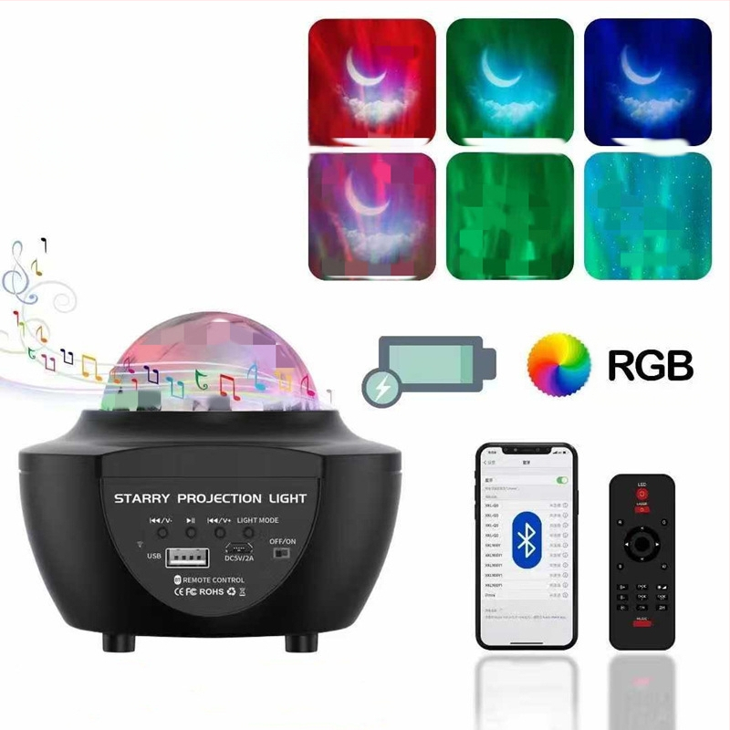 USB įkraunamas Bluetooth žvaigždžių dangaus projektorius miegamajam su nuotolinio valdymo ir garso funkcija, mėnulio projekcija ir vandens bangų efektai