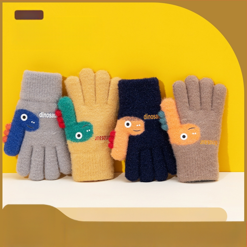 Bērnu ziemas cimdi bez pirkstiem, adīti no akrila, jacquard tehnika, karikatūras raksts, silti