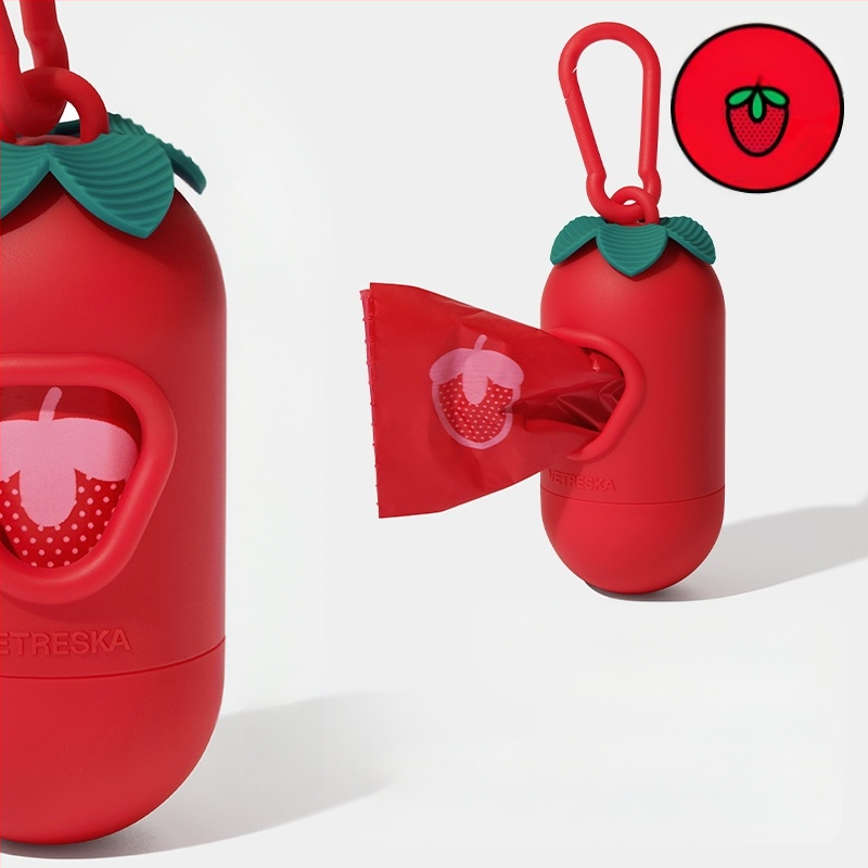 Set de pungi pentru adunarea materiilor fecale, design capsulă de căpșună, îngroșat, portabil, pentru drumeții în aer liber și plimbări cu câinii