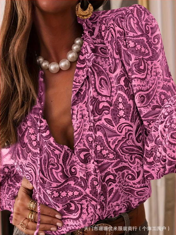 Cămașă cu mâneci lungi, manșete bule, decolteu în V, poliester, stil pulover, model W0027, lungime medie 65–80 cm