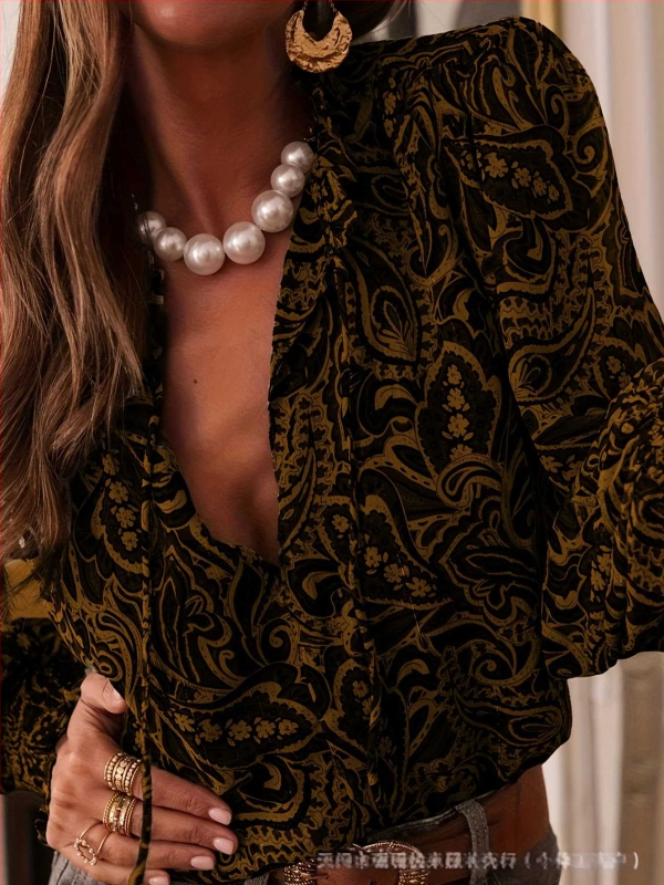 Cămașă cu mâneci lungi, manșete bule, decolteu în V, poliester, stil pulover, model W0027, lungime medie 65–80 cm