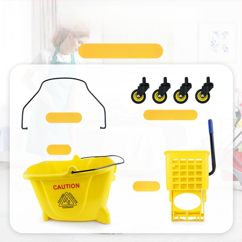 Кофа за моп с въртящ се изцеждащ механизъм; памучна нишка за моп; пластмасова пръчка за моп; изцеждане 80–90%; товароподемност под 10 кг