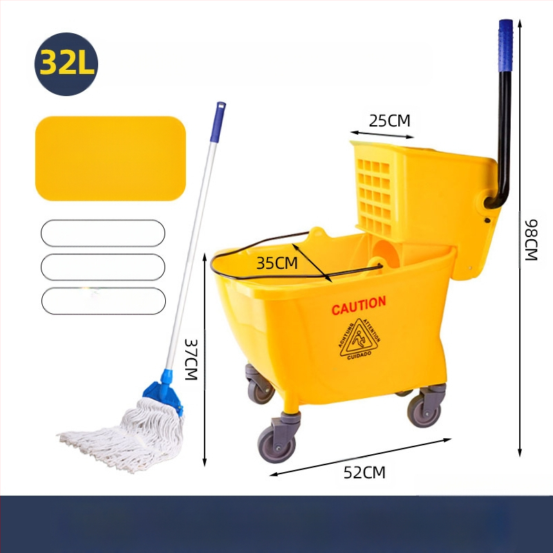 Кофа за моп с въртящ се изцеждащ механизъм; памучна нишка за моп; пластмасова пръчка за моп; изцеждане 80–90%; товароподемност под 10 кг