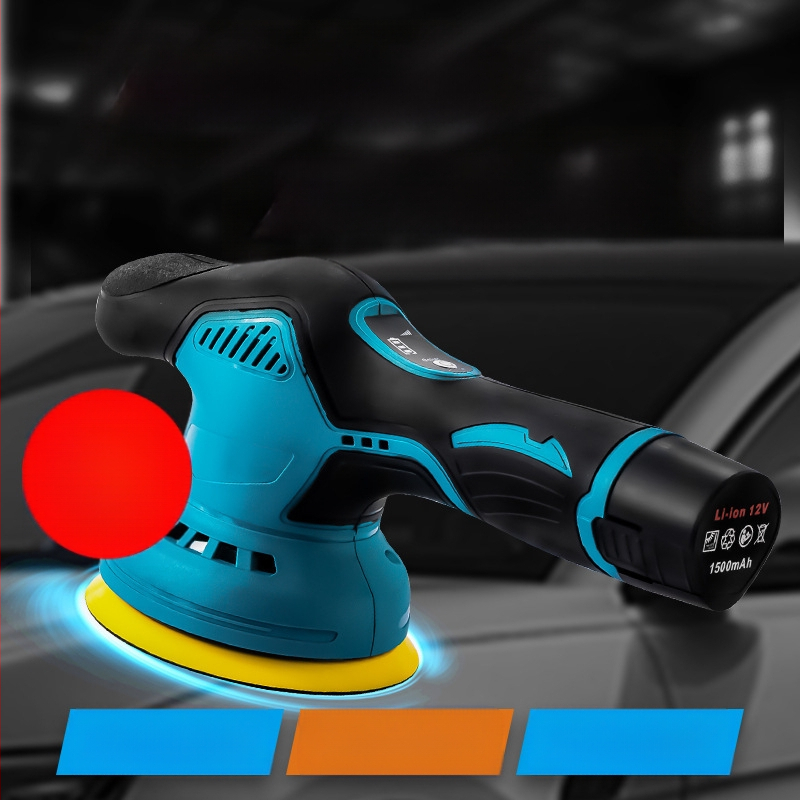 Портативен полиращ и восъчен апарат за автомобилно детайлиране, с 12V литиева батерия, вертикална работа, 2800–5000 об./мин, включва плоски и вълнообразни дискове, вълнен диск и шкурка