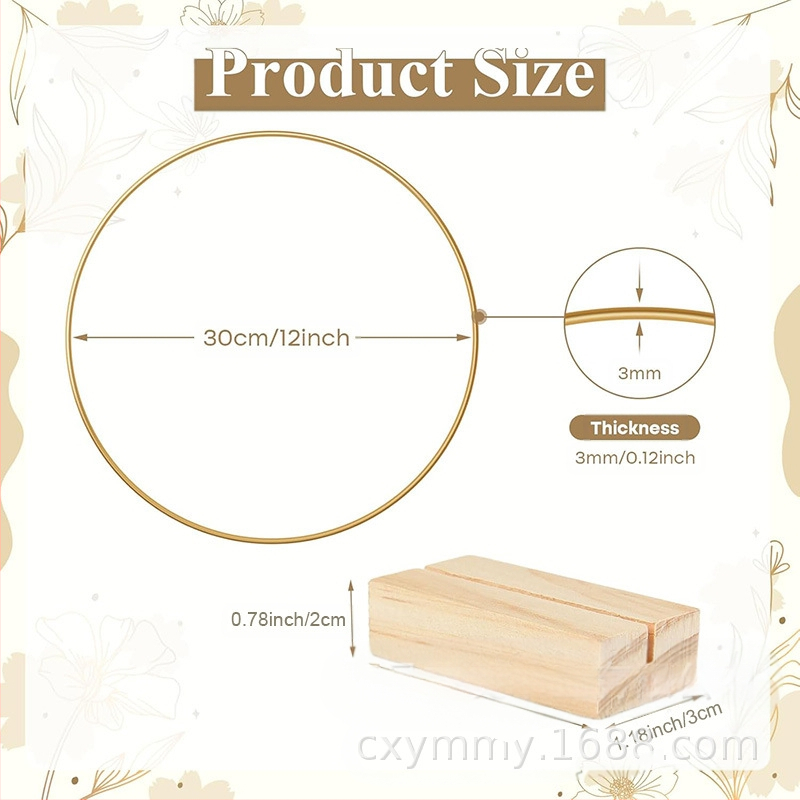 Središnji ukras za stol s metalnim prstenom i girlandom, sanjarska mreža, drvena podloga — dekor za vjenčanje i događanja