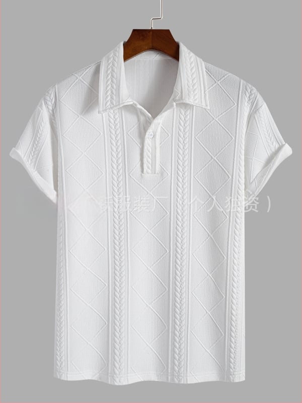 Geometriai mintázatú kötött polo ing, lélegző poliészter, Turn-Down gallér, fél nyitott placket, rövid ujjú