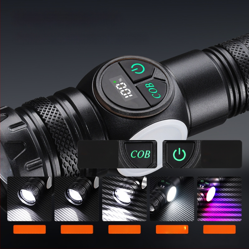 Daudzfunkcionāla LED laterna ar COB sānu apgaismojumu, 10W, 1200mAh akumulators, 360° rotācija, manuāla uzlāde