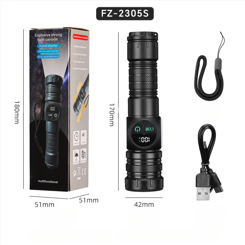 Daudzfunkcionāla LED laterna ar COB sānu apgaismojumu, 10W, 1200mAh akumulators, 360° rotācija, manuāla uzlāde