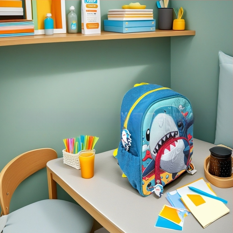 Rucsac pentru copii de grădiniță, imprimeu rechin, din stofă Oxford, respirabil și rezistent la uzură, bretele curbate