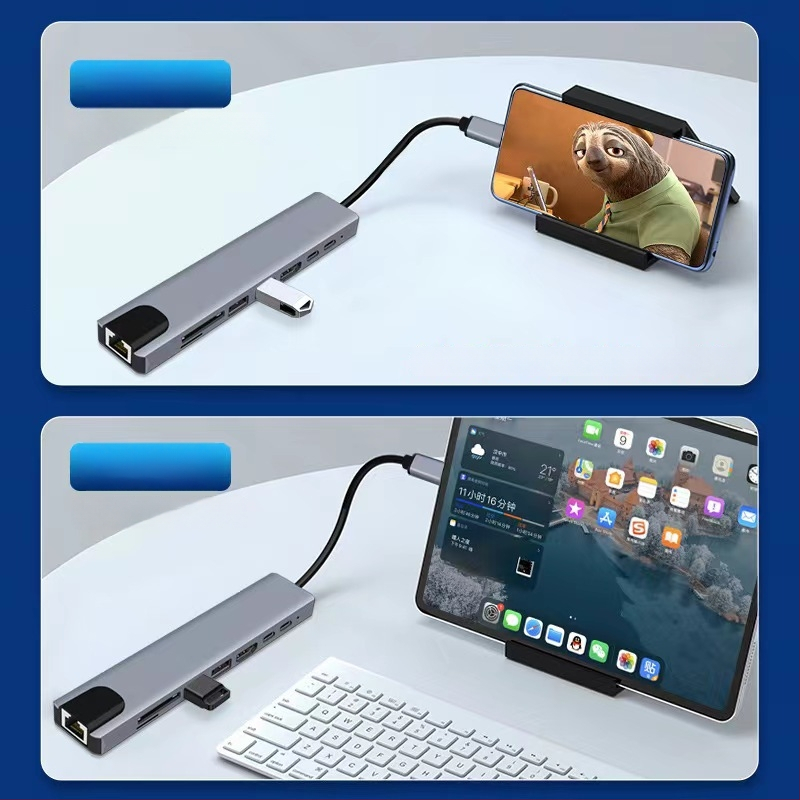 Type-C 8-in-1 dokkimisjaam HDMI väljundiga, USB 3.0 hubiga, SD/TF mälukaartide lugeja — 5Gbps