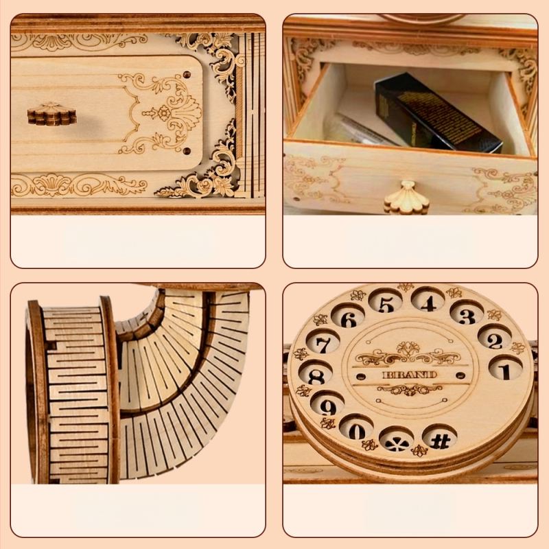Puidust retro telefonimudel - 3D pusle laua-dekoratsioon, hariv mäng lastele 7–14 aastat, DIY ja kohandamine saadaval
