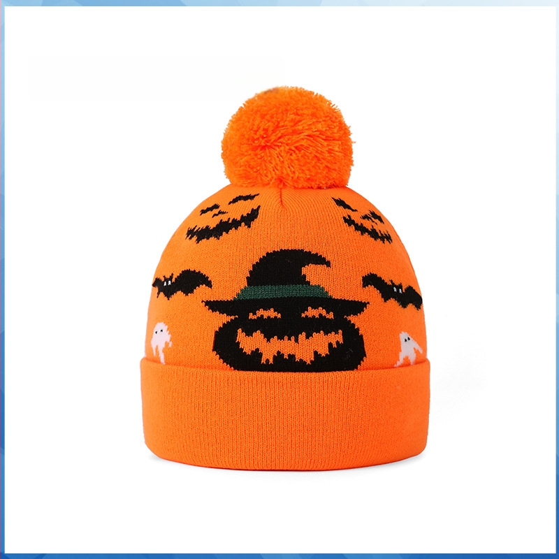 Laste pullover müts jacquard-mustriga kõrvitsaga, soe puuvill-poliesteri segu, kupolita tipp, sügis 2024