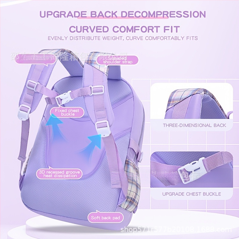 Tüdrukutele mõeldud nailonist koolikott lipsuga — õhupadi padjad õla ümber, kerge, hingav, veekindel, ruuduline muster