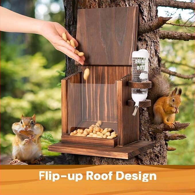 Puidust seinale kinnitatav söötja koduloomadele: linnud, oravad ja hamsterid, välistingimustes aias