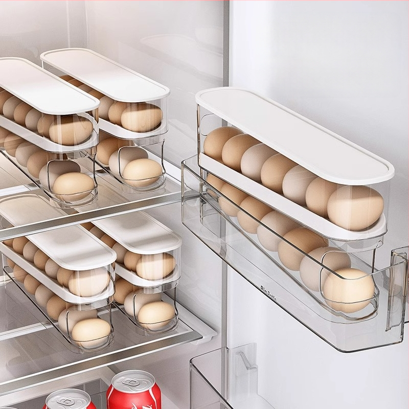Külmiku munade organiseerija, toidukvaliteediga PET+PP, mitmetasandiline disain, automaatne täitmine
