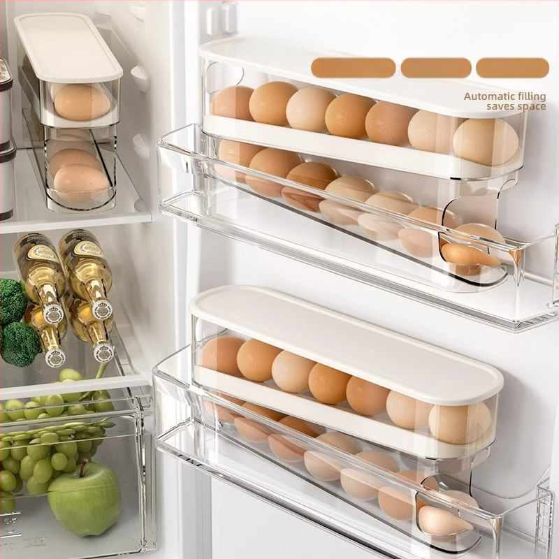 Külmiku munade organiseerija, toidukvaliteediga PET+PP, mitmetasandiline disain, automaatne täitmine