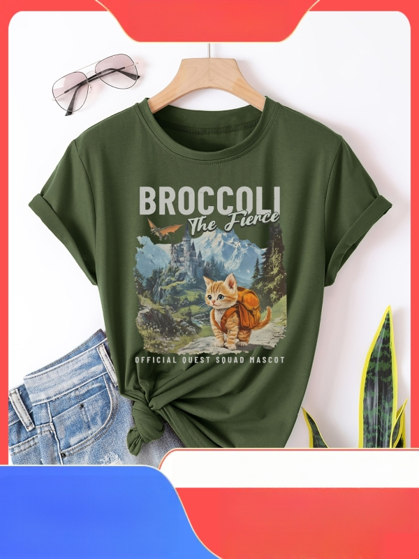 Naiste puuvillane T-särk brokoli graafilise trükiga, ümmargune kaelus, lühikesed varrukad, merceriseeritud materjal