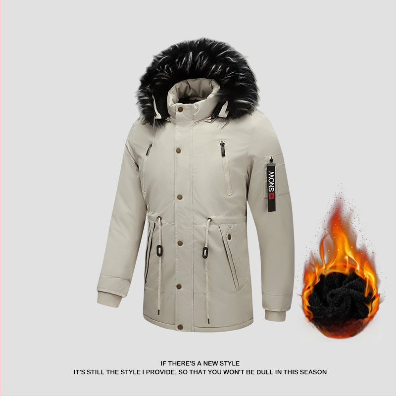 Meeste kapuutsiga jope, puuvillase täidisega, keskmise pikkusega, vööri versioon, vooder linast