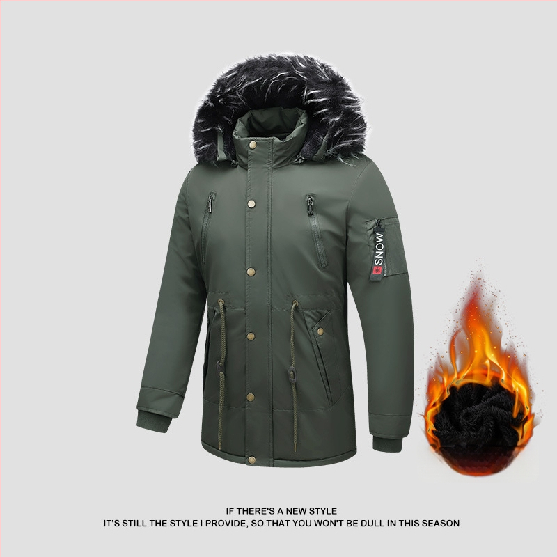 Meeste kapuutsiga jope, puuvillase täidisega, keskmise pikkusega, vööri versioon, vooder linast