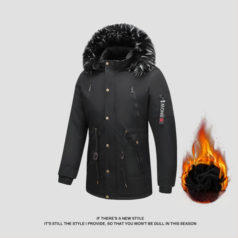 Meeste kapuutsiga jope, puuvillase täidisega, keskmise pikkusega, vööri versioon, vooder linast