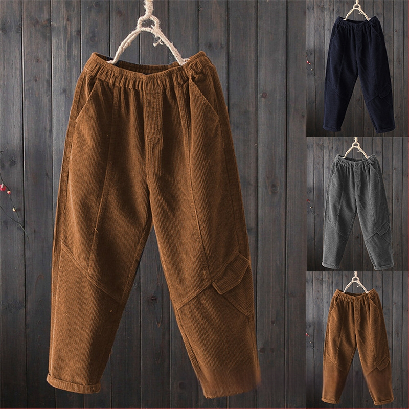 Naiste corduroy püksid, vaba lõige, keskmise kõrgusega vöö, haremi stiil, igapäevased püksid
