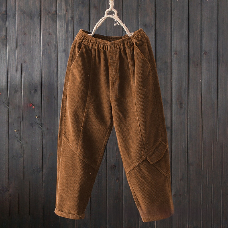 Naiste corduroy püksid, vaba lõige, keskmise kõrgusega vöö, haremi stiil, igapäevased püksid