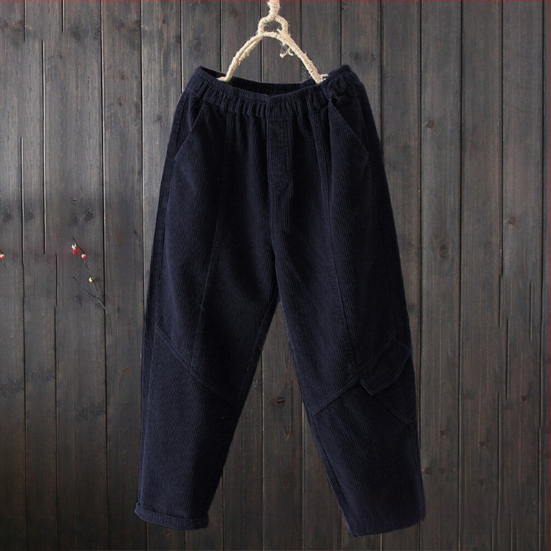 Naiste corduroy püksid, vaba lõige, keskmise kõrgusega vöö, haremi stiil, igapäevased püksid
