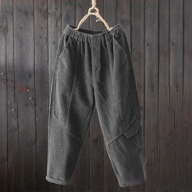 Naiste corduroy püksid, vaba lõige, keskmise kõrgusega vöö, haremi stiil, igapäevased püksid