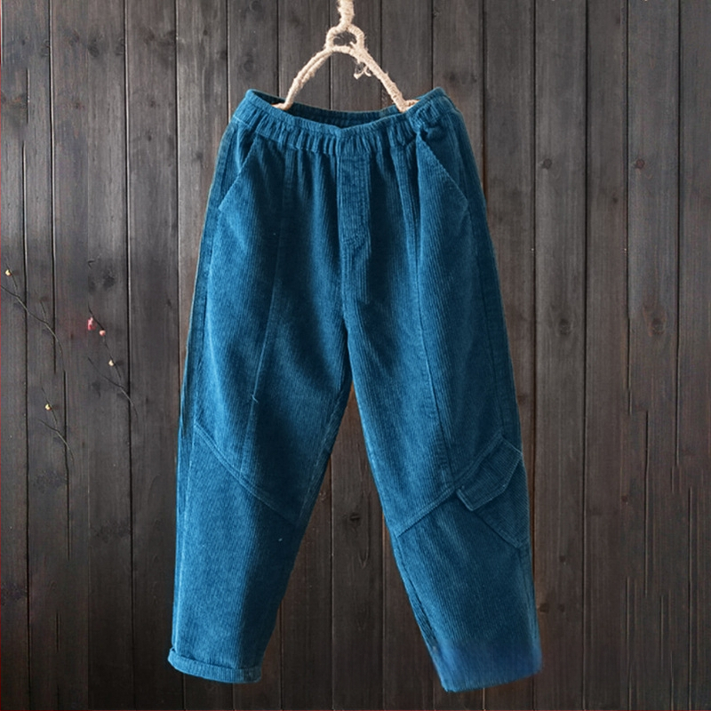 Naiste corduroy püksid, vaba lõige, keskmise kõrgusega vöö, haremi stiil, igapäevased püksid