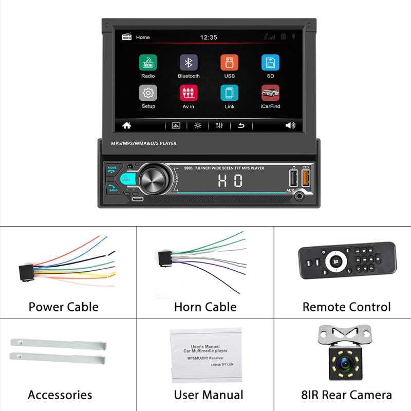 Auto MP5 Bluetooth videopleier LCD-ekraaniga, mudel 9901, toetab RM/RMVB/AVI/MP4/MKV/3GP videoformaate, toitepinge 12–24 V DC, tagurpidi pildi kuvamise funktsioon