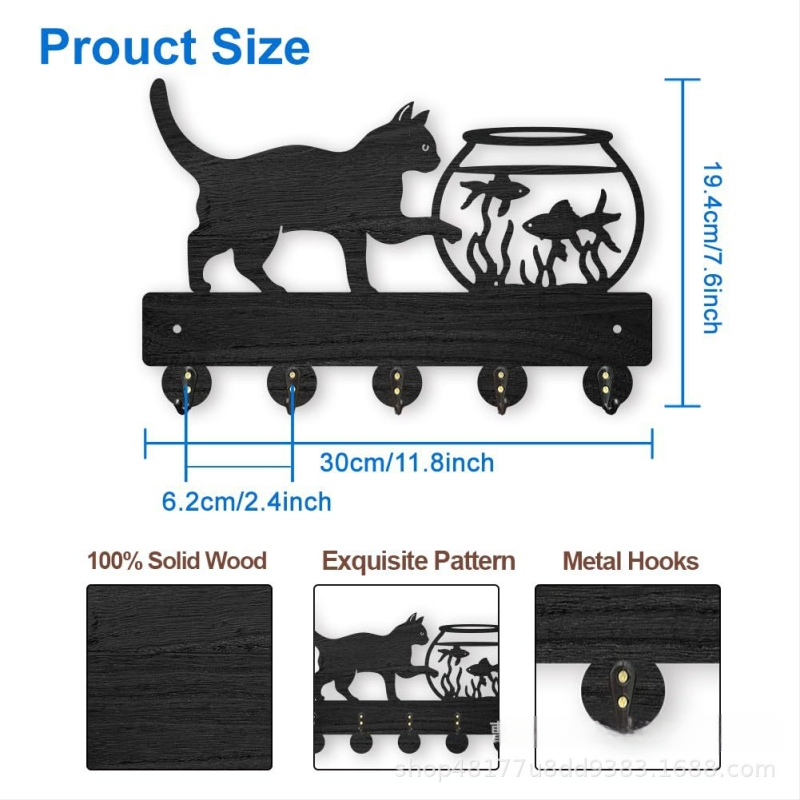 Puidust seina võtmete hoidja kass ja akvaarium motiiviga, dekoratiivne, 5 konksu, maksimaalne koormus 2 kg, kaasaegne minimalistlik stiil