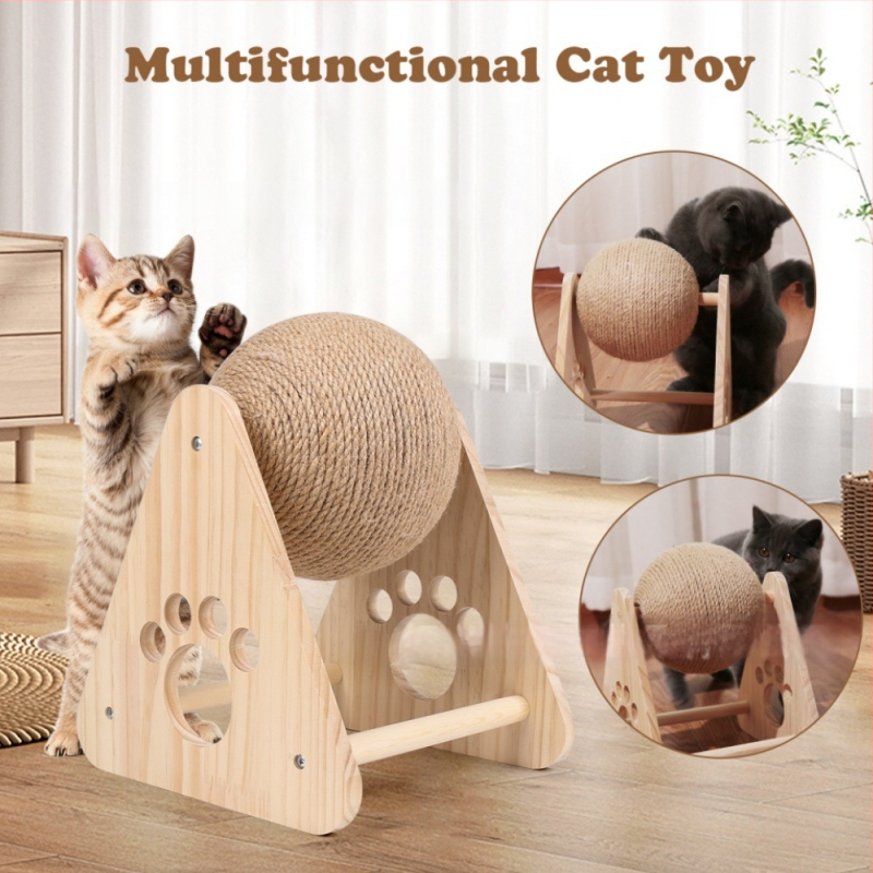 Kõvapuust kassakraapimispall sisalköiega ümbermähitud — kulumise ja kriimustuste vastupidav, ilma kiududeta, kaitseb mööblit