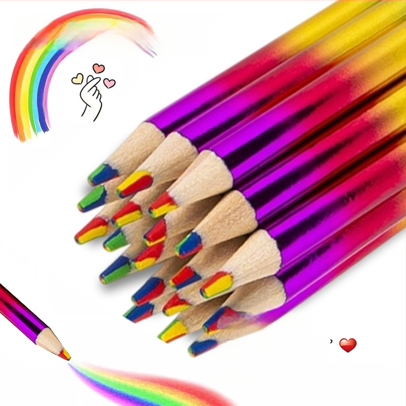 Värvilised pliiatsid puidust korpusega; Nelja värvi Rainbow komplekt; Materjal: esmaklassiline pehme puit; Korpus: puidust; Liikuv: Ei