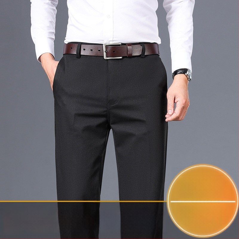 Meeste puuvillased fliisvoodriga püksid, sirge lõige, keskmine vöökoht, tõmblukuga sulgemine, äri-igapäevane stiil