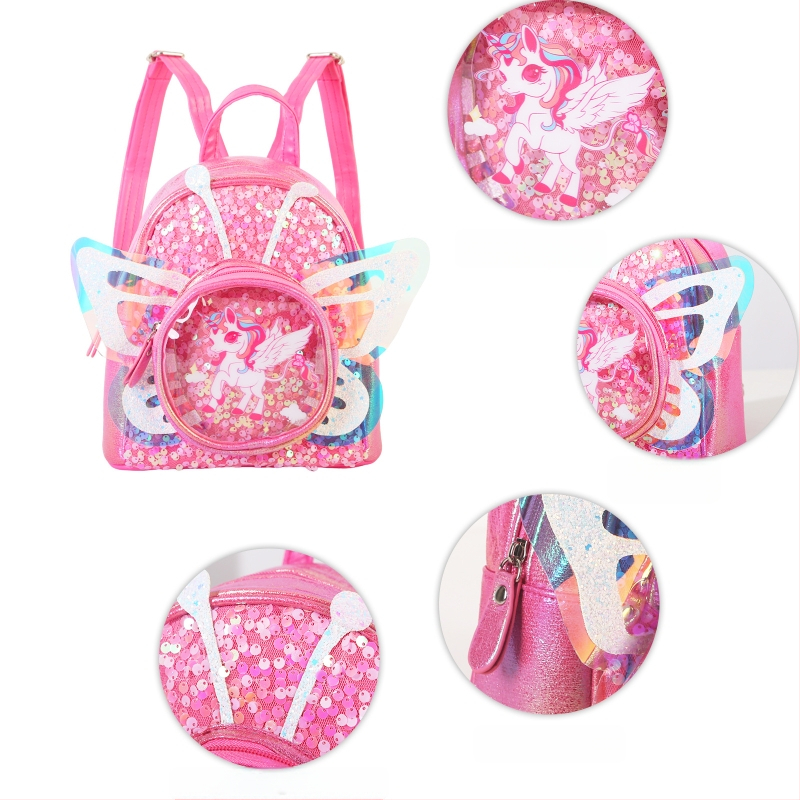 Seljakott ükssarviku sequiin-tiibadega - PU materjal, anime karikatüürimuster, ükssarviku liblika pilt, 2025. aasta kevad, lasteaialastele