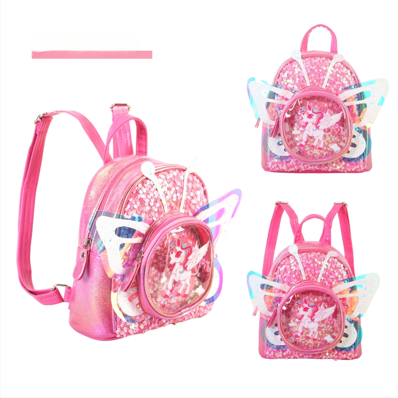 Seljakott ükssarviku sequiin-tiibadega - PU materjal, anime karikatüürimuster, ükssarviku liblika pilt, 2025. aasta kevad, lasteaialastele