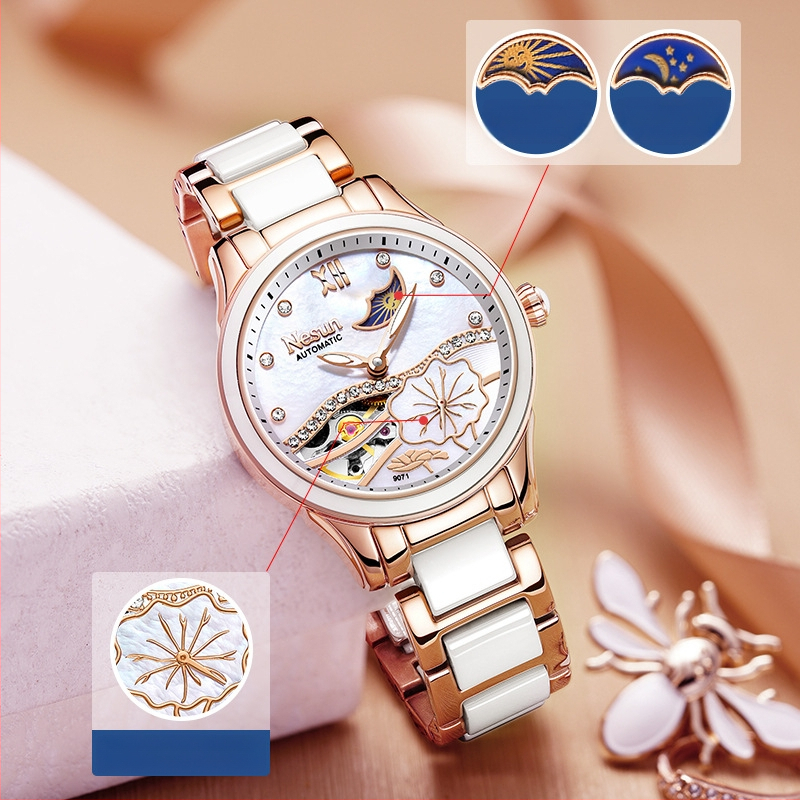 NESUN naistele – täielikult automaatne mehhaaniline käekell, keraamiline korpus ja rihm, 50 m veekindlus, Kuu faas ja luminoorne displei, analoogne näit