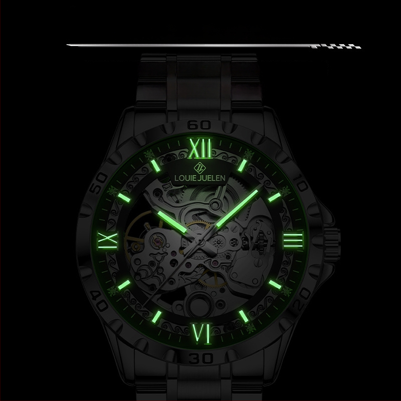 Meeste skelet-mehaaniline käekell, 30 m veekindlus, keeratav kroon, läbipaistev tagakaas, roostevabast terasest rihm liblika klipsuga