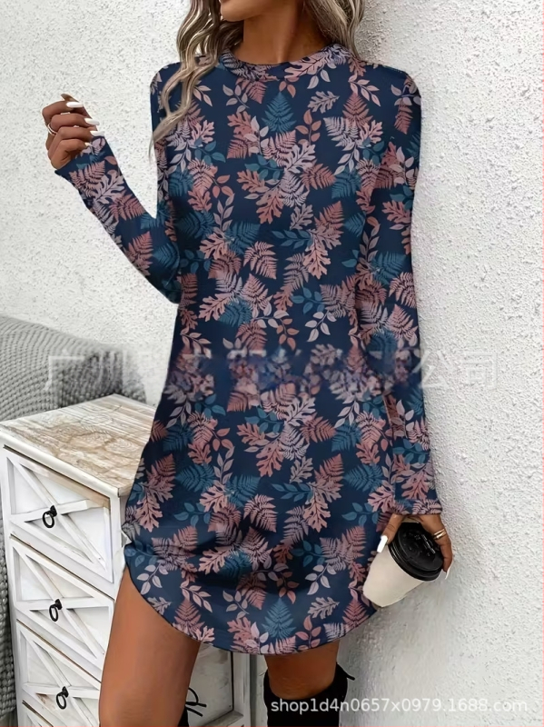 Naiste pikkade kätega kleit, A-liin siluett, lühike seelik, polüester, botaaniline lillemustr