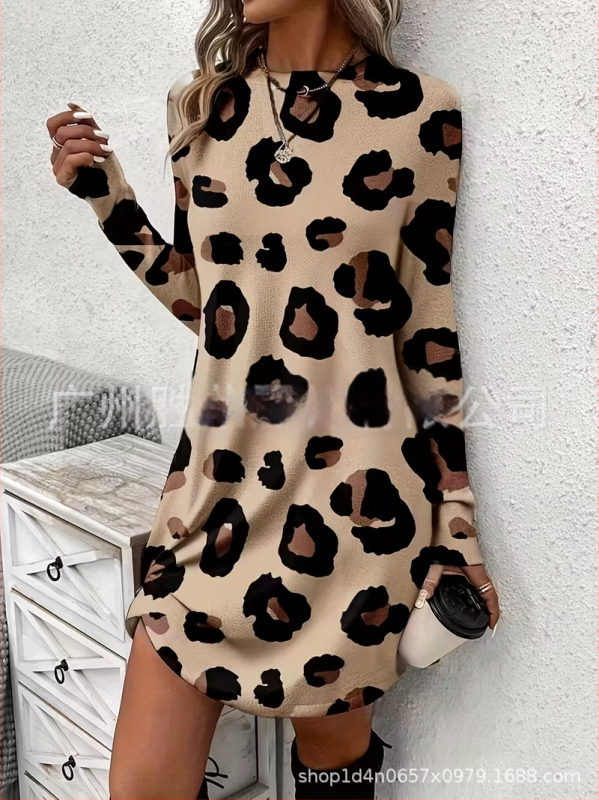 Naiste pikkade kätega kleit, A-liin siluett, lühike seelik, polüester, botaaniline lillemustr