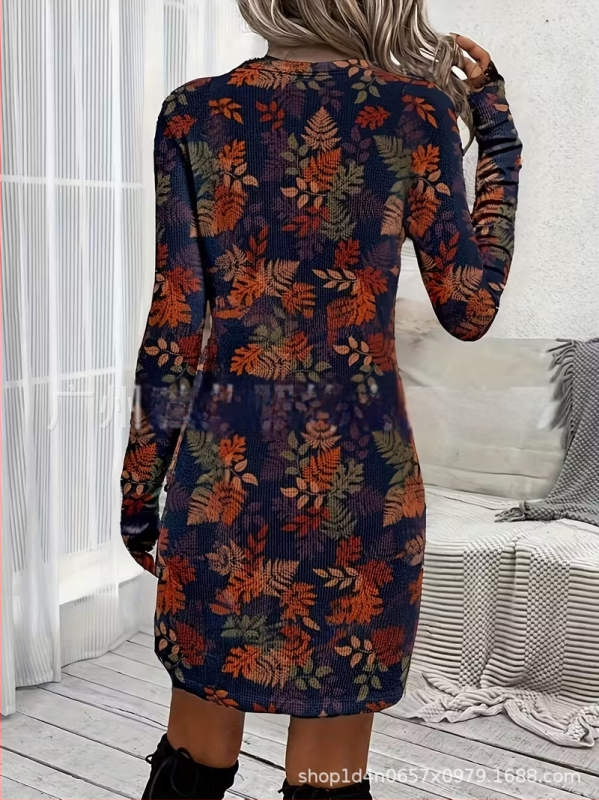 Naiste pikkade kätega kleit, A-liin siluett, lühike seelik, polüester, botaaniline lillemustr