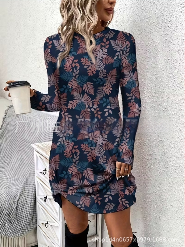 Naiste pikkade kätega kleit, A-liin siluett, lühike seelik, polüester, botaaniline lillemustr