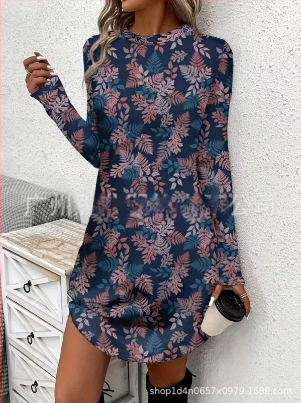 Naiste pikkade kätega kleit, A-liin siluett, lühike seelik, polüester, botaaniline lillemustr